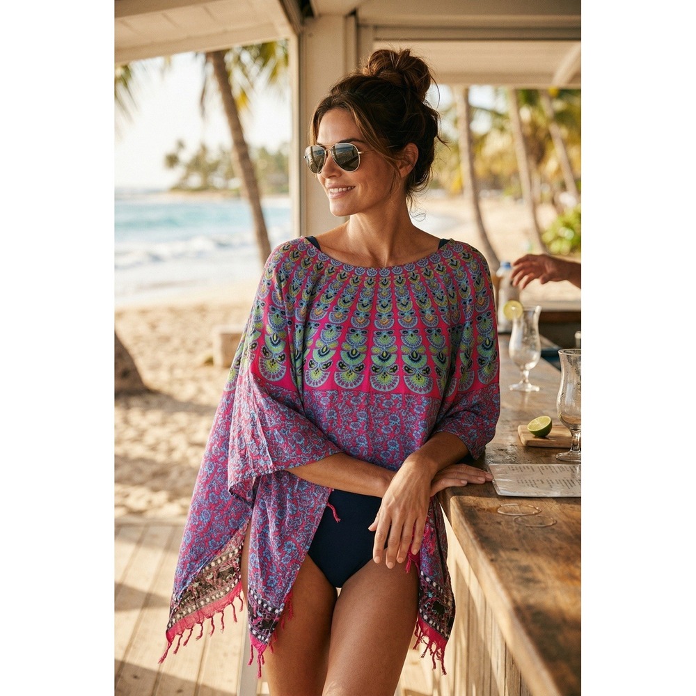 Bohemian Fringe Poncho One Size Colorful pattered Festival Shawl Wrap Women's